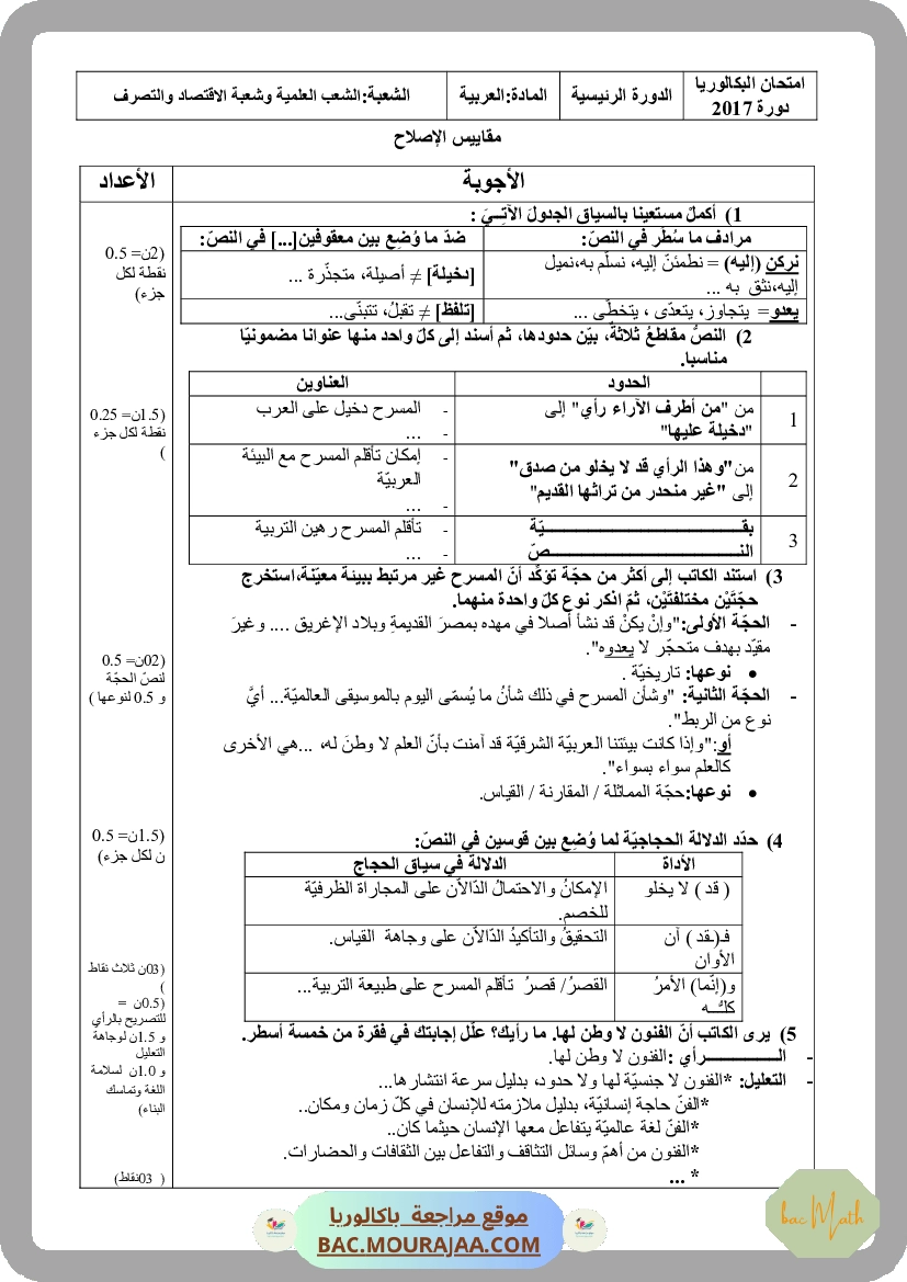 Corrigé principale arabe Bac 2017 – Section math